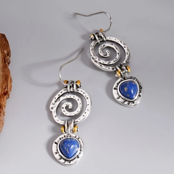 🏷SOLD. Boho dangle earrings Blue hollow stone Antique tribal. NWT 🏆HOST PICK🏆 - Picture 4 of 6